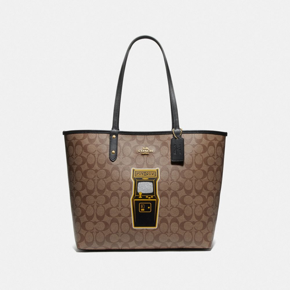 COACH F72899 REVERSIBLE CITY TOTE IN SIGNATURE CANVAS WITH PAC-MAN GAME KHAKI MULTI/BLACK/GOLD