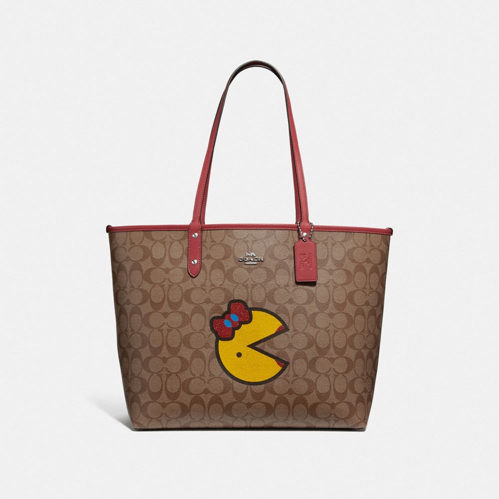 COACH F72900 REVERSIBLE CITY TOTE IN SIGNATURE CANVAS WITH MS. PAC-MAN KHAKI MULTI/WASHED RED/SILVER