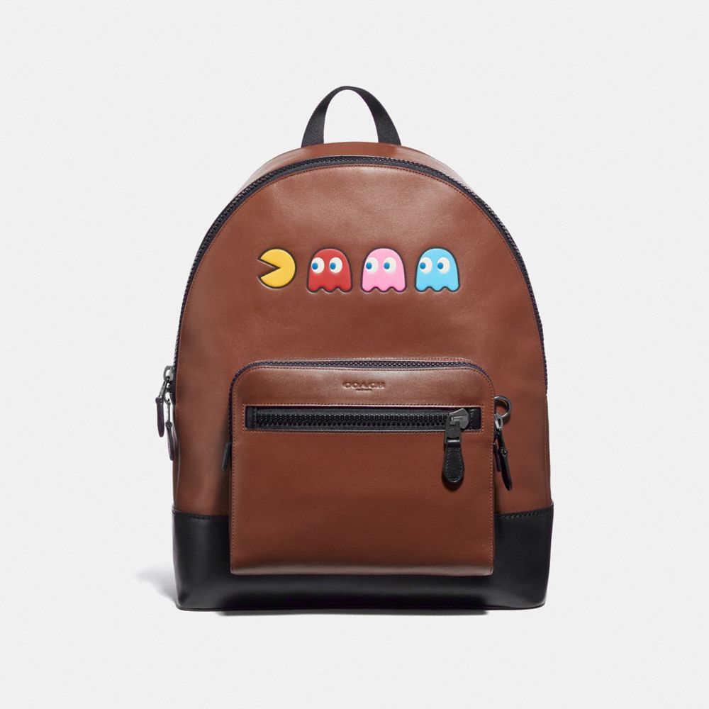 WEST BACKPACK IN REFINED CALF LEATHER WITH PAC-MAN MOTIF - F72915 - SADDLE/BLACK ANTIQUE NICKEL