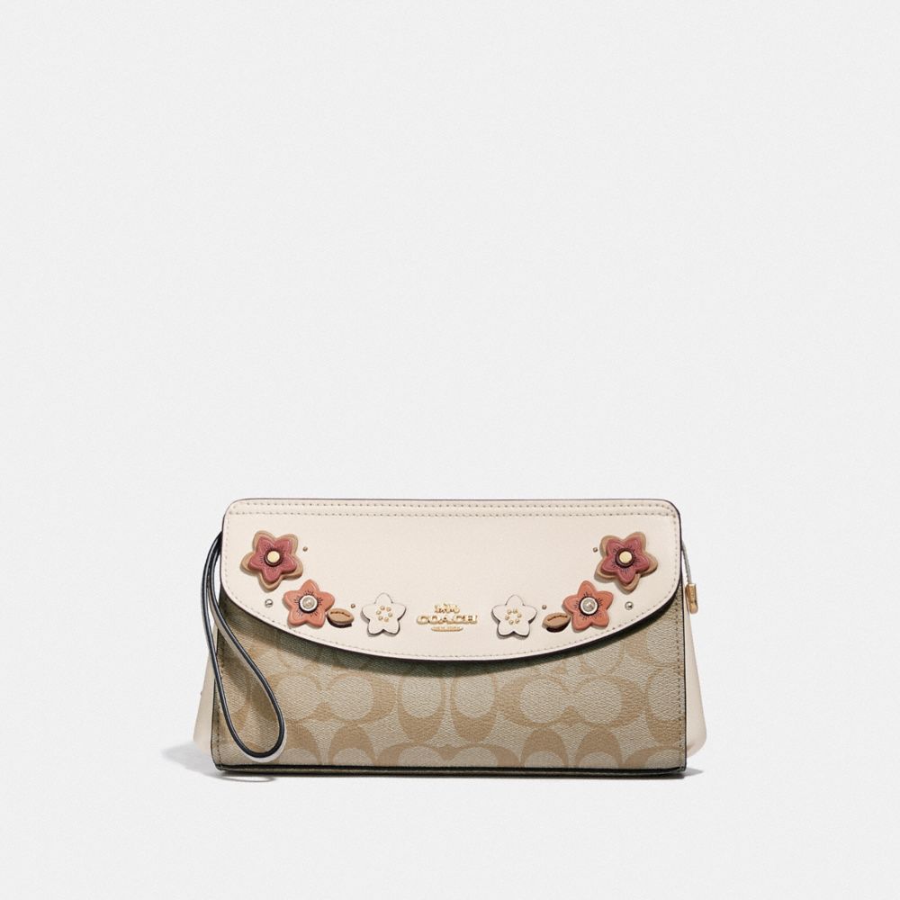 COACH FLAP CLUTCH IN SIGNATURE CANVAS WITH FLORAL APPLIQUE - LIGHT KHAKI MULTI/IMITATION GOLD - F72995