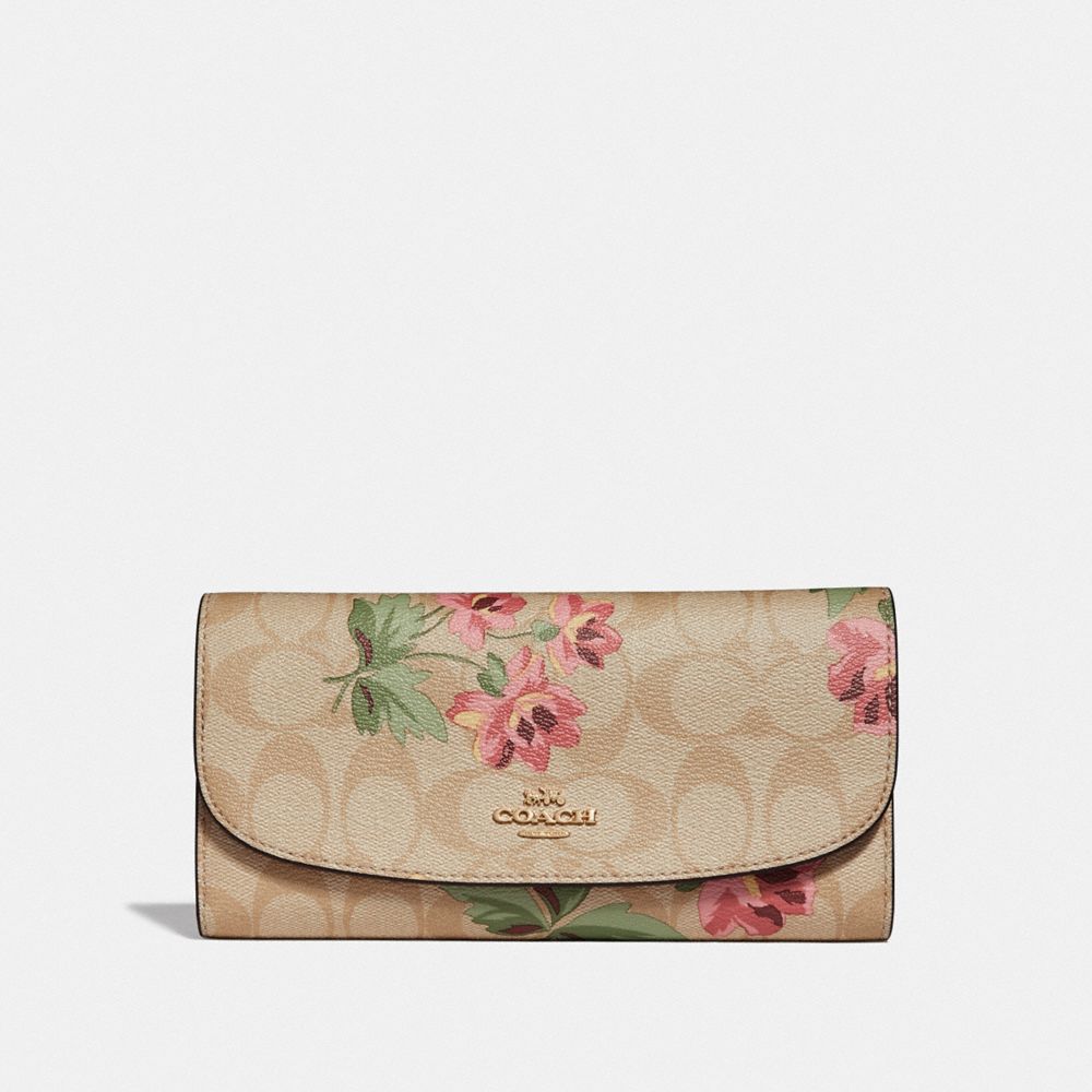 CHECKBOOK WALLET IN SIGNATURE CANVAS WITH LILY PRINT - F73006 - LIGHT KHAKI/PINK MULTI/IMITATION GOLD