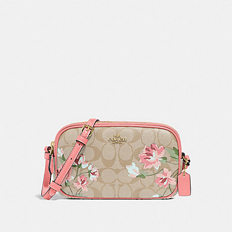 COACH F73007 CROSSBODY POUCH IN SIGNATURE CANVAS WITH LILY PRINT LIGHT-KHAKI/PINK-MULTI/IMITATION-GOLD