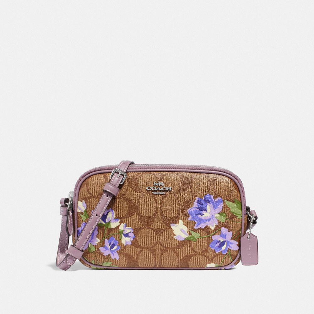 COACH F73007 CROSSBODY POUCH IN SIGNATURE CANVAS WITH LILY PRINT KHAKI/PURPLE-MULTI/SILVER