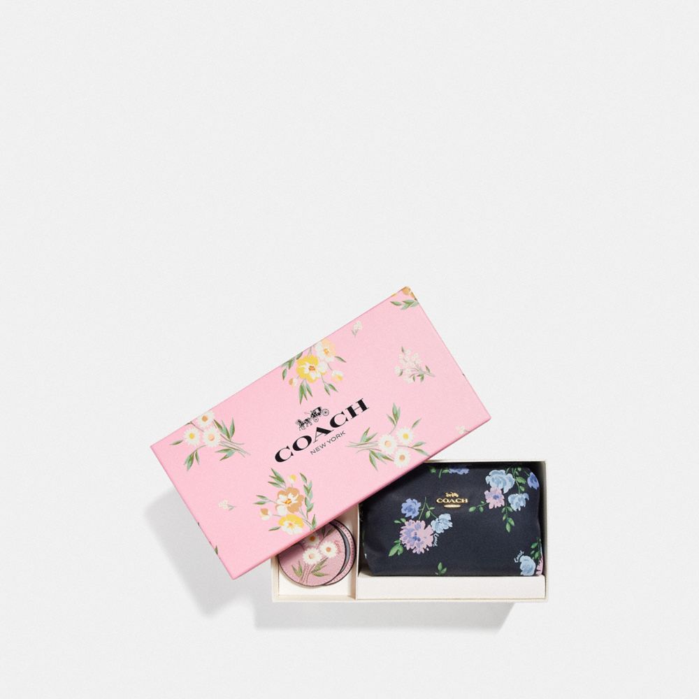 BOXED TRAVEL SET WITH PAINTED PEONY PRINT - F73009 - NAVY MULTI/GOLD