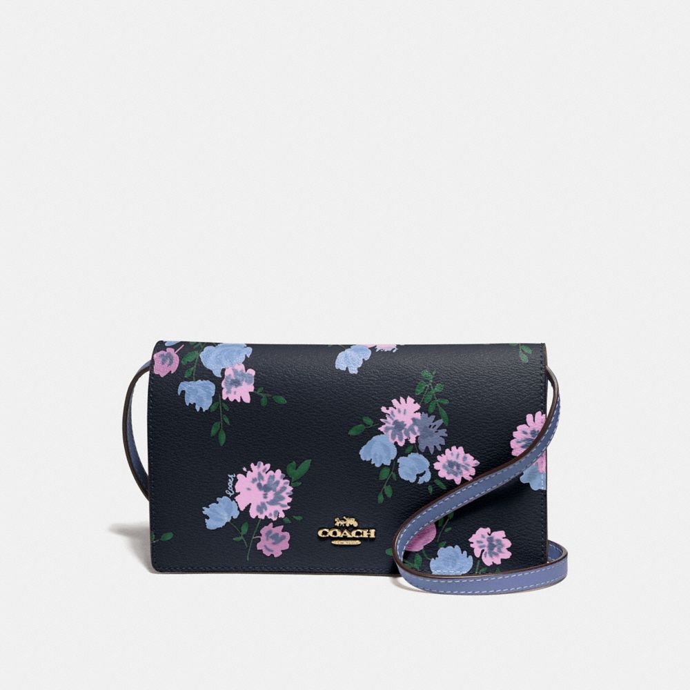 HAYDEN FOLDOVER CROSSBODY CLUTCH IN SIGNTUARE CANVAS AND PAINTED PEONY PRINT - F73010 - NAVY MULTI/IMITATION GOLD