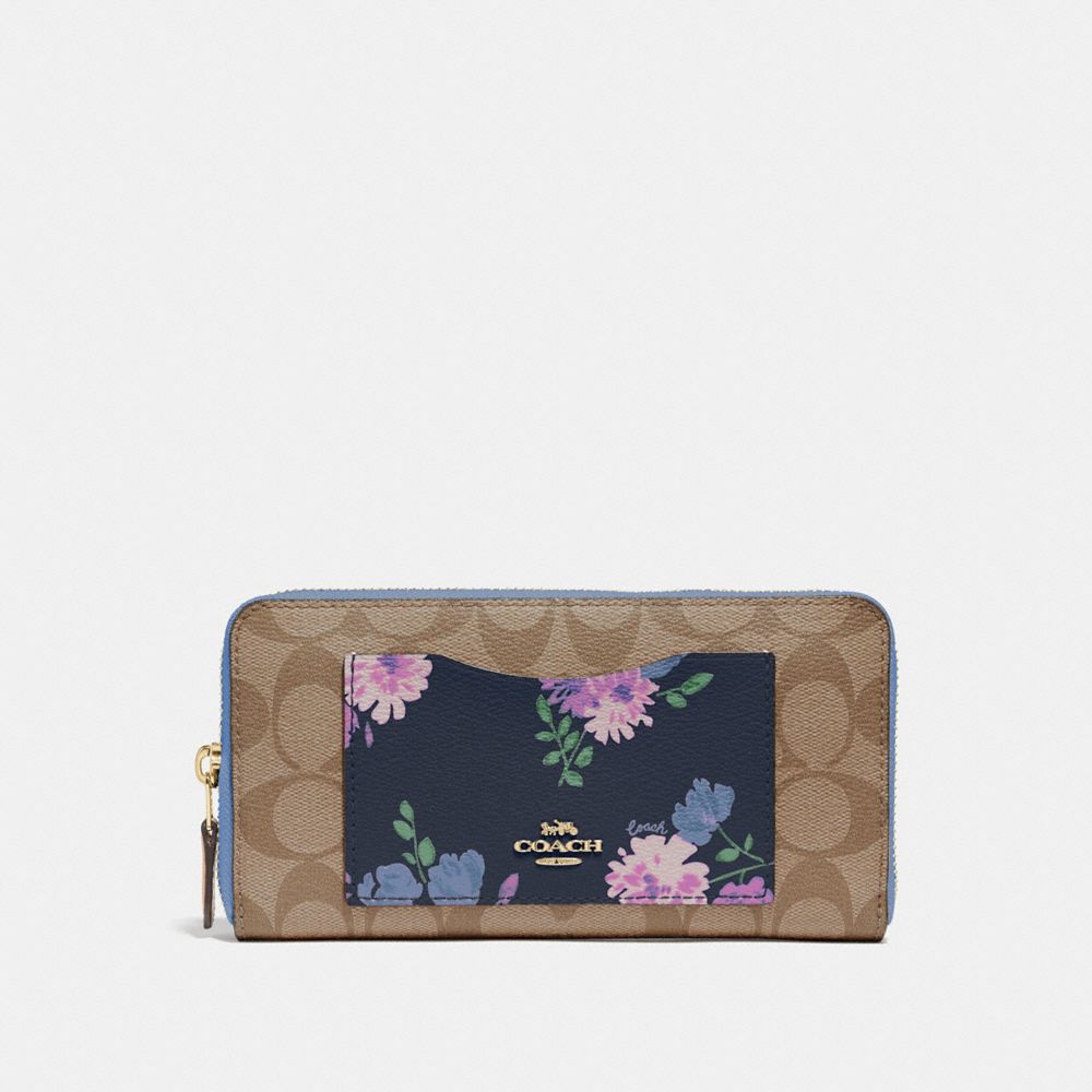 COACH ACCORDION ZIP WALLET IN SIGNATURE CANVAS WITH PAINTED PEONY PRINT POCKET - NAVY MULTI/IMITATION GOLD - F73011