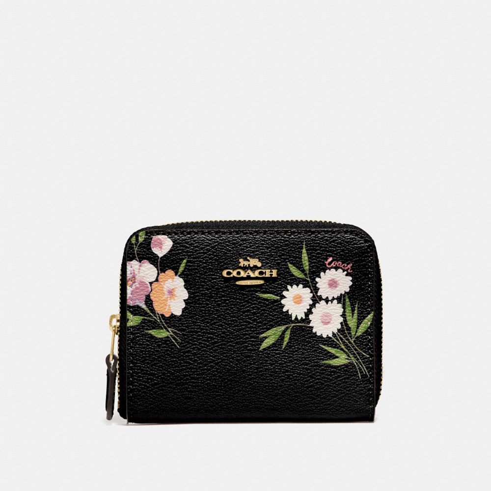 COACH SMALL ZIP AROUND WALLET WITH TOSSED DAISY PRINT - BLACK PINK/IMITATION GOLD - F73017