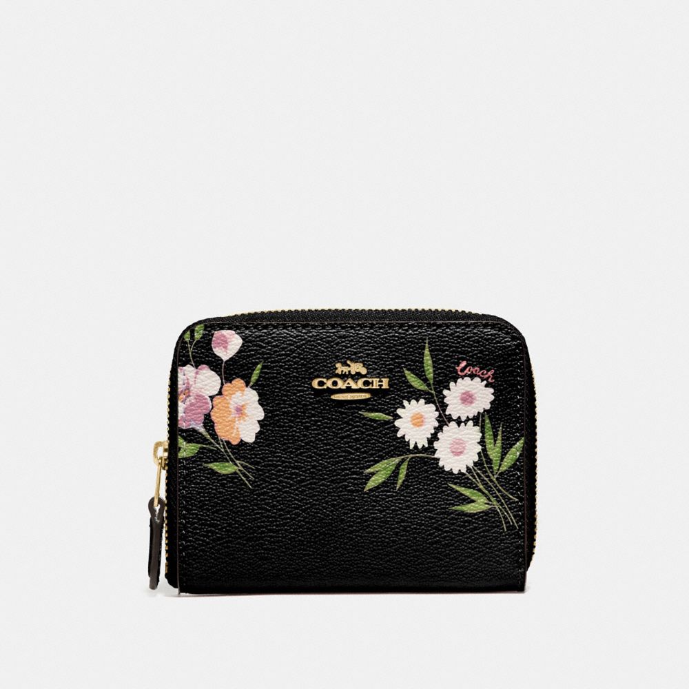 COACH F73017 SMALL ZIP AROUND WALLET WITH TOSSED DAISY PRINT BLACK PINK/IMITATION GOLD