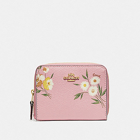 COACH SMALL ZIP AROUND WALLET WITH TOSSED DAISY PRINT - CARNATION/IMITATION GOLD - F73017