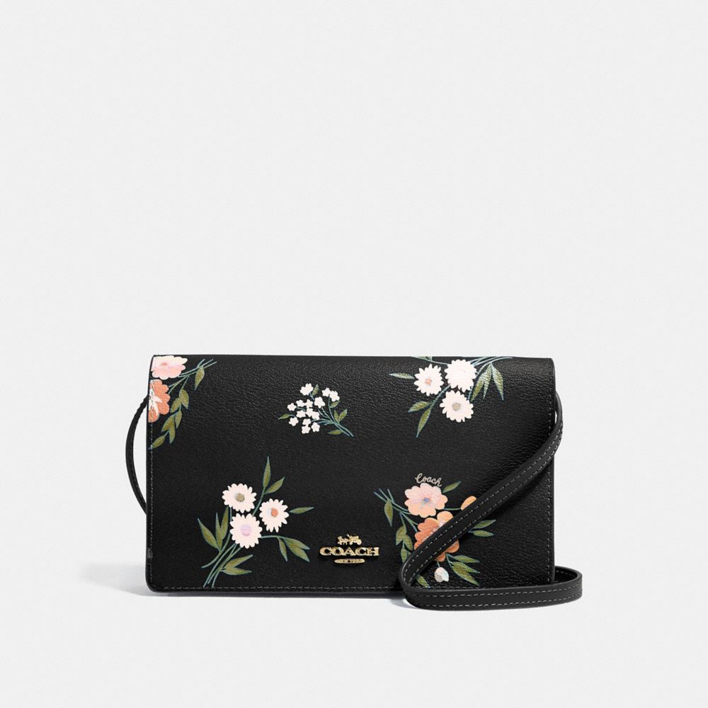 HAYDEN FOLDOVER CROSSBODY CLUTCH WITH TOSSED DAISY PRINT - F73018 - BLACK PINK/IMITATION GOLD