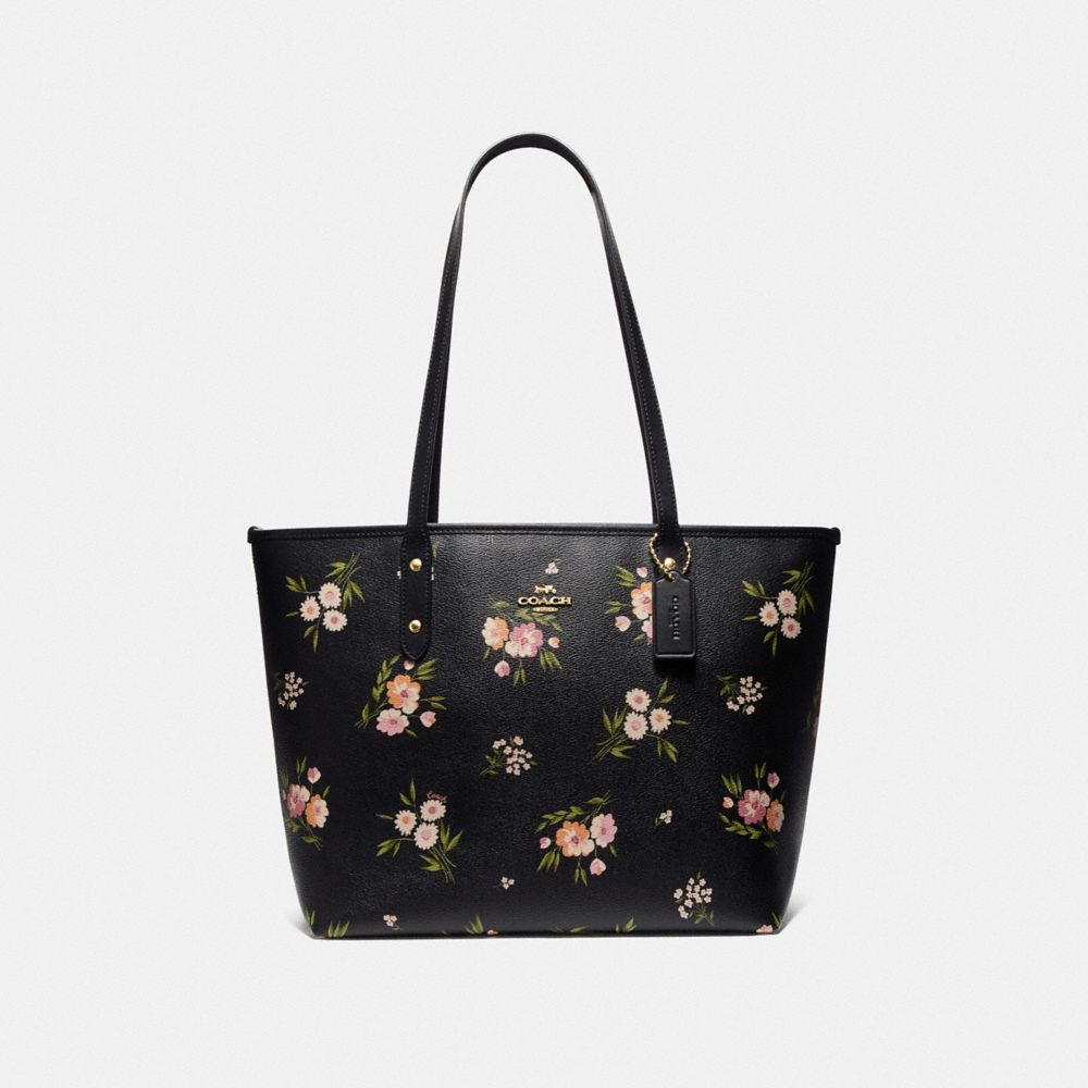 CITY ZIP TOTE WITH TOSSED DAISY PRINT - F73052 - BLACK PINK/IMITATION GOLD