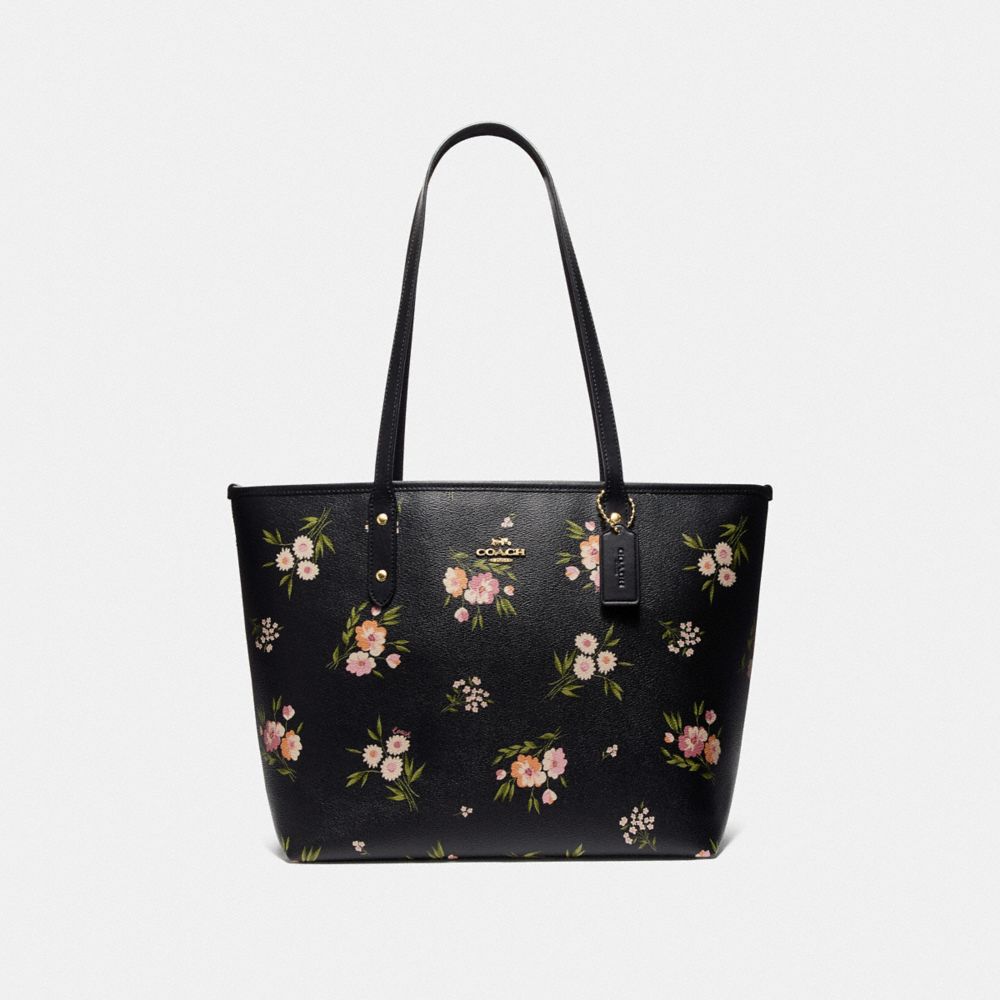 COACH F73052 CITY ZIP TOTE WITH TOSSED DAISY PRINT BLACK PINK/IMITATION GOLD