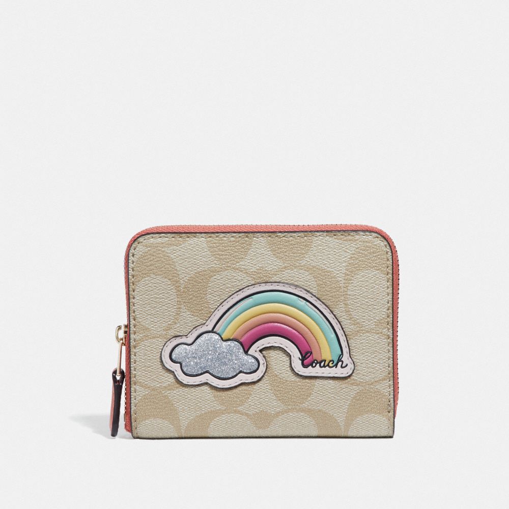 COACH F73069 - SMALL ZIP AROUND WALLET IN SIGNATURE CANVAS WITH MOTIF LIGHT KHAKI/CORAL/GOLD