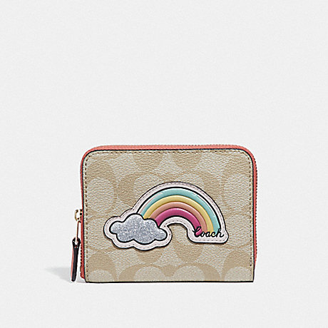 COACH F73069 SMALL ZIP AROUND WALLET IN SIGNATURE CANVAS WITH MOTIF LIGHT-KHAKI/CORAL/GOLD