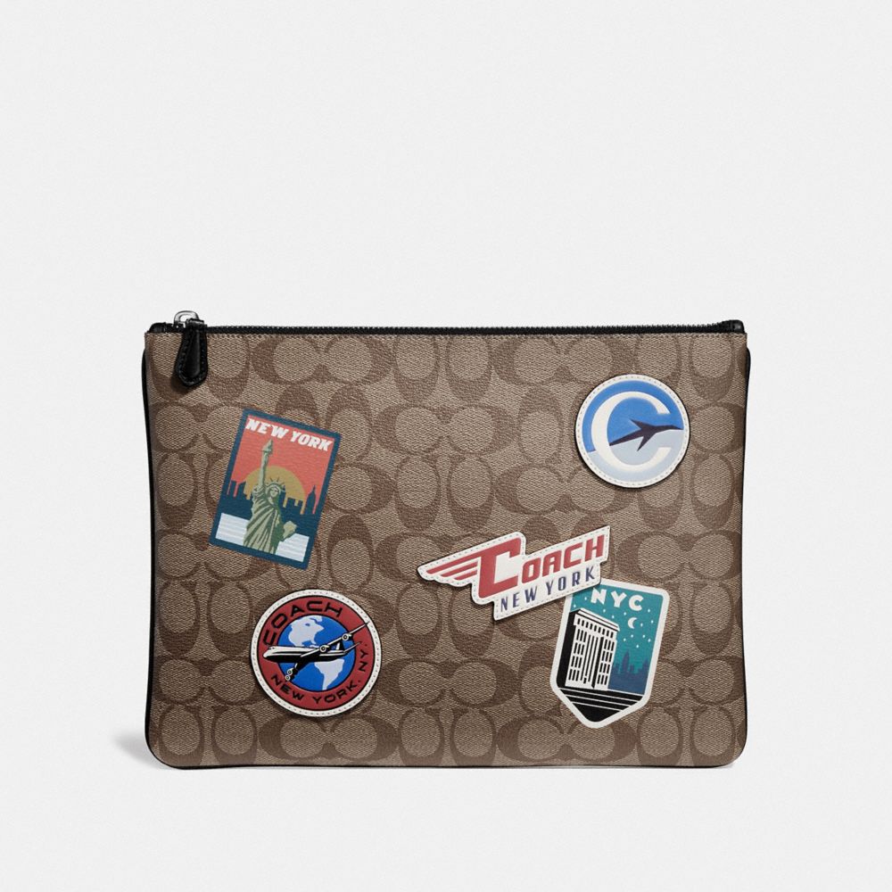 LARGE POUCH IN SIGNATURE CANVAS WITH TRAVEL PATCHES - KHAKI/MULTI - COACH F73075