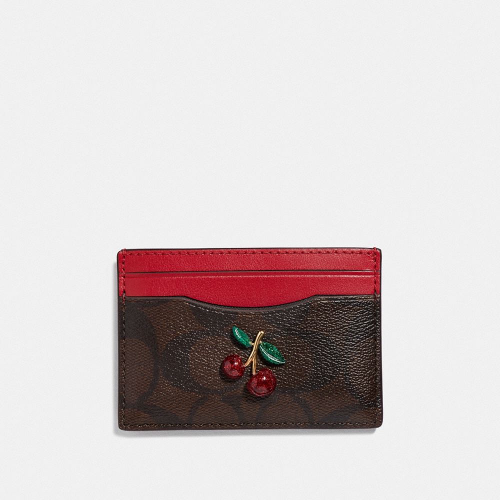 COACH F73079 - CARD CASE IN SIGNATURE CANVAS WITH FRUIT BROWN/BLACK/TRUE RED/GOLD