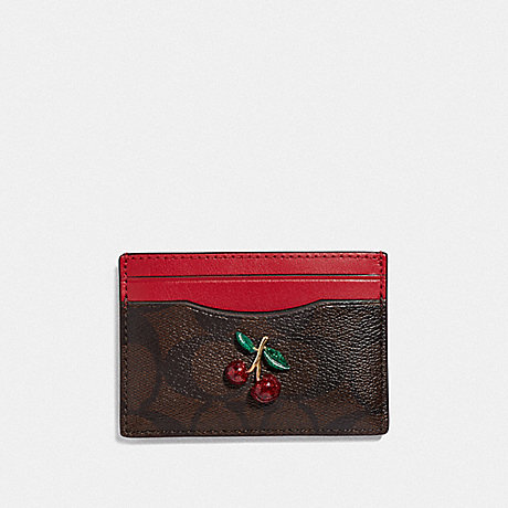 COACH CARD CASE IN SIGNATURE CANVAS WITH FRUIT - BROWN/BLACK/TRUE RED/GOLD - F73079