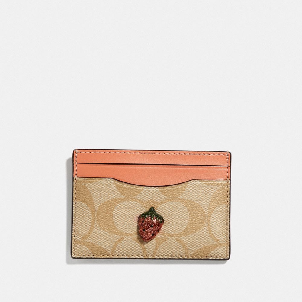 COACH CARD CASE IN SIGNATURE CANVAS WITH FRUIT - LIGHT KHAKI/CORAL/GOLD - F73079