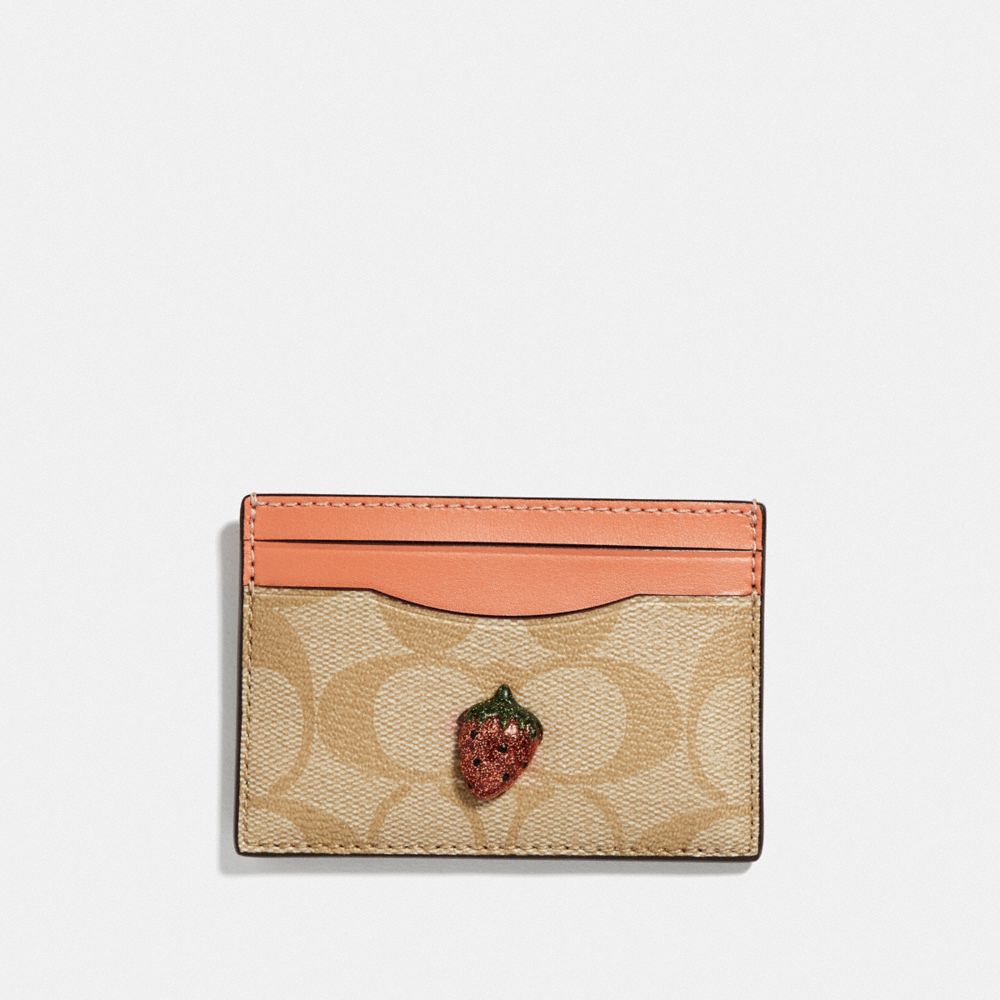 COACH F73079 CARD CASE IN SIGNATURE CANVAS WITH FRUIT LIGHT KHAKI/CORAL/GOLD