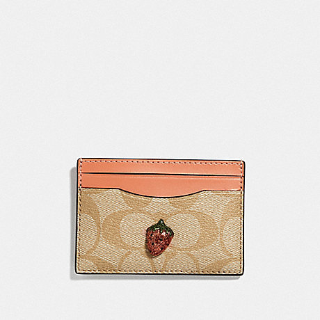 COACH F73079 CARD CASE IN SIGNATURE CANVAS WITH FRUIT LIGHT-KHAKI/CORAL/GOLD