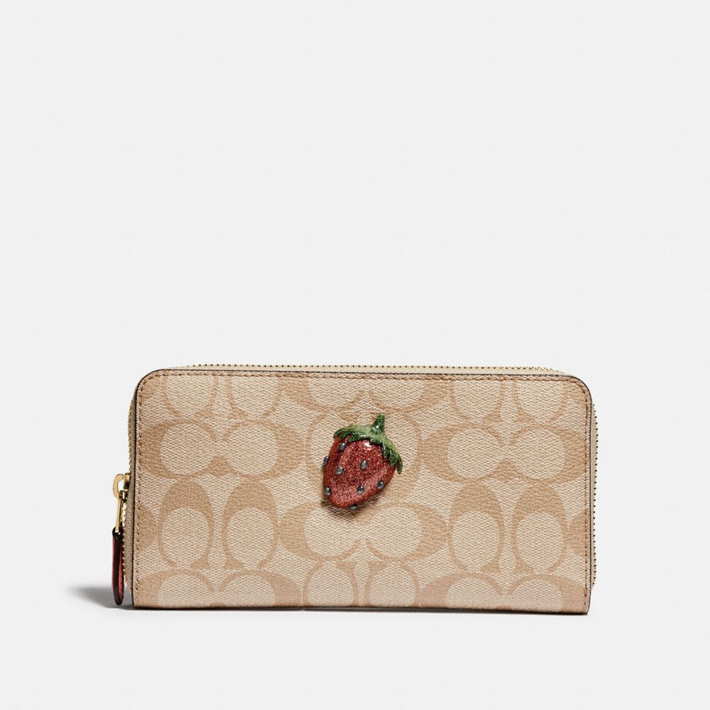 COACH F73081 ACCORDION ZIP WALLET IN SIGNATURE CANVAS WITH FRUIT LIGHT KHAKI/CORAL/GOLD