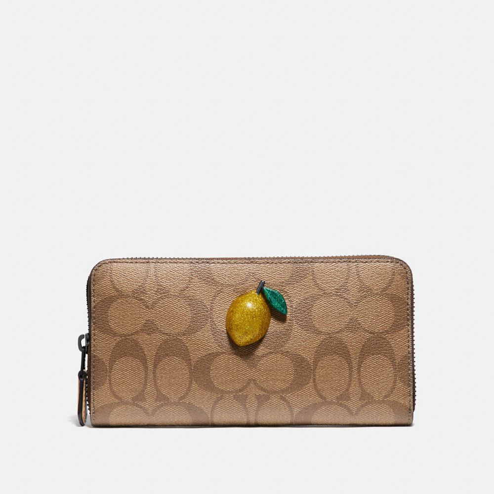 COACH ACCORDION ZIP WALLET IN SIGNATURE CANVAS WITH FRUIT - KHAKI/SUNFLOWER - F73081