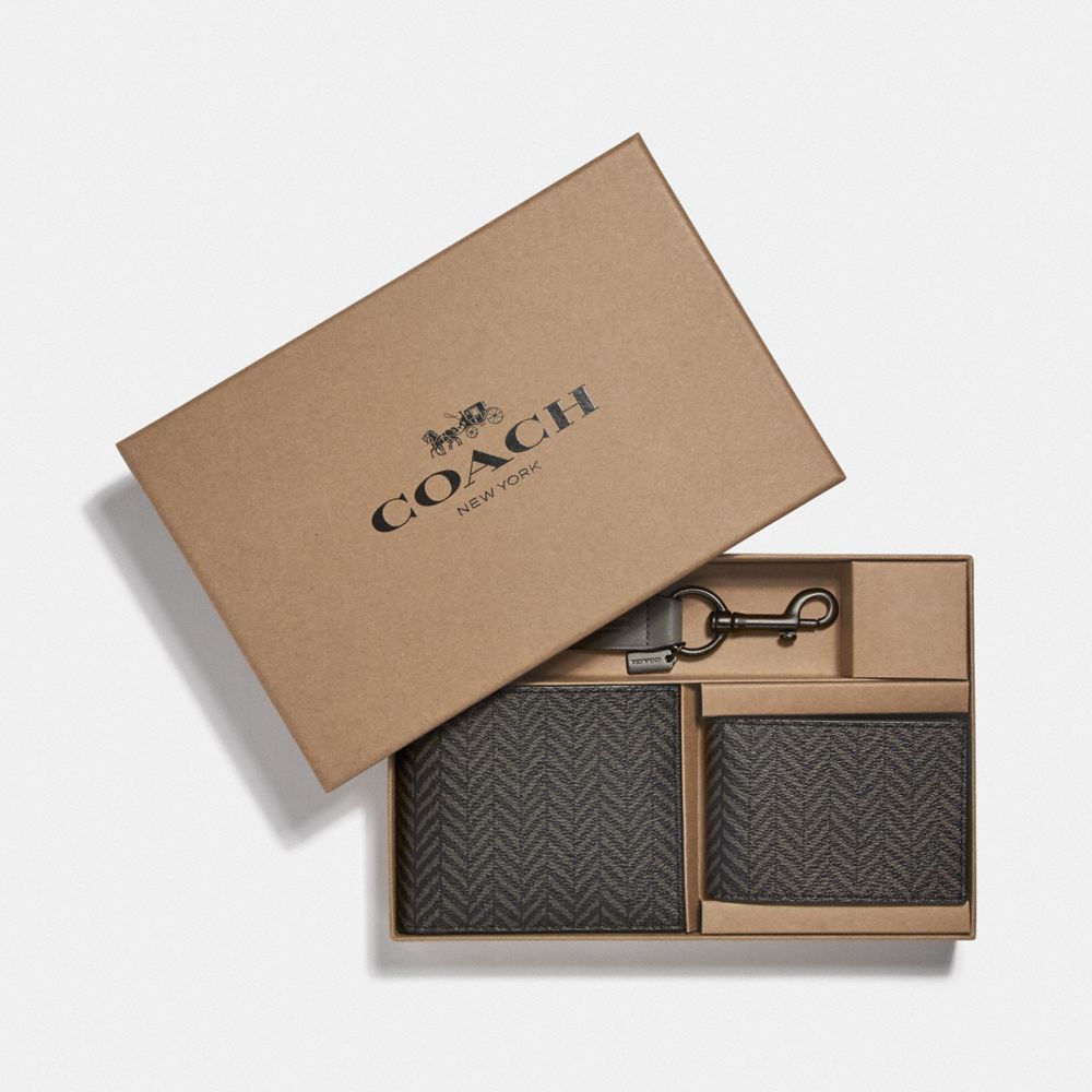 COACH F73117 Boxed 3-in-1 Wallet Gift Set With Herringbone Print BLACK/MULTI
