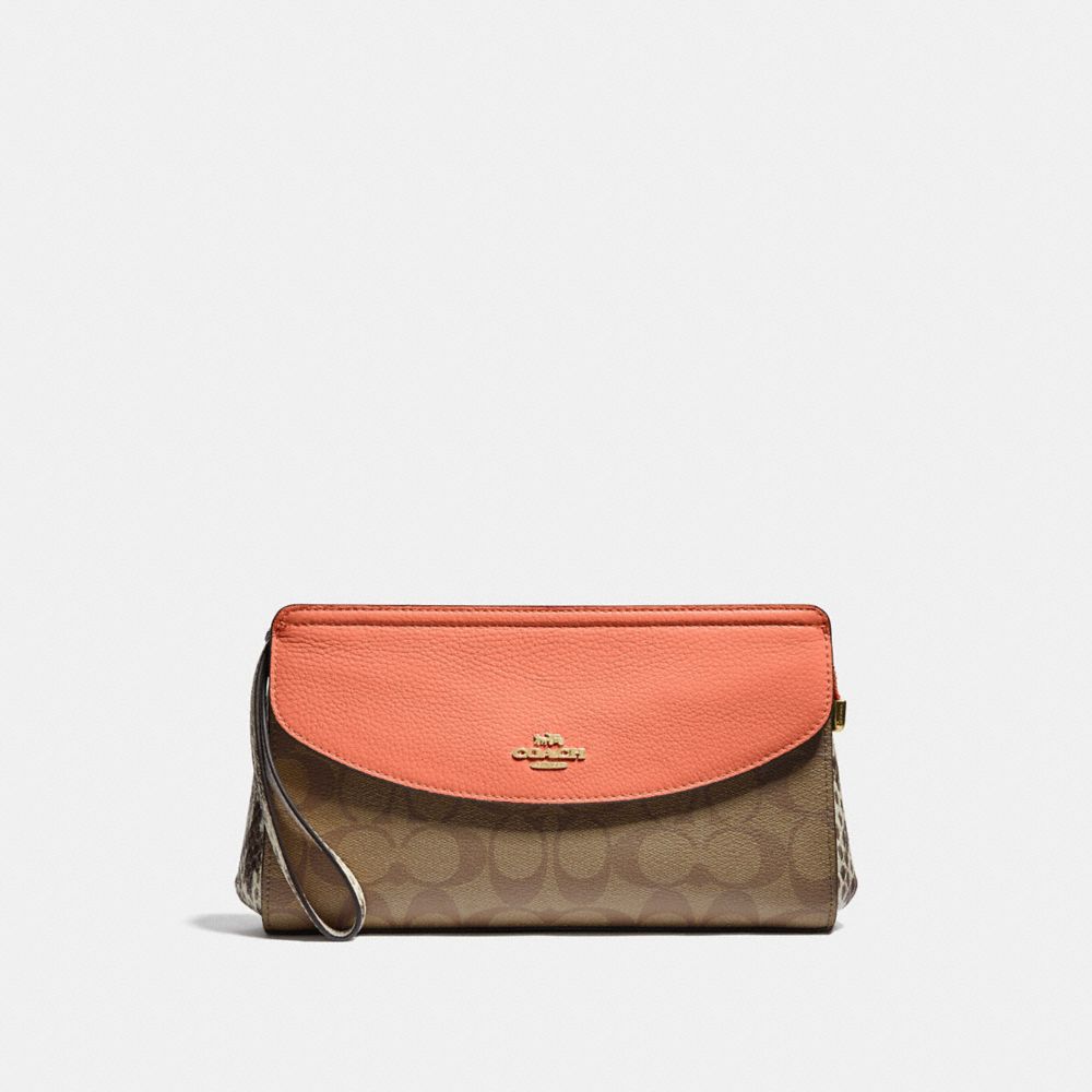 COACH F73121 FLAP CLUTCH IN SIGNATURE CANVAS LIGHT KHAKI/CORAL/GOLD