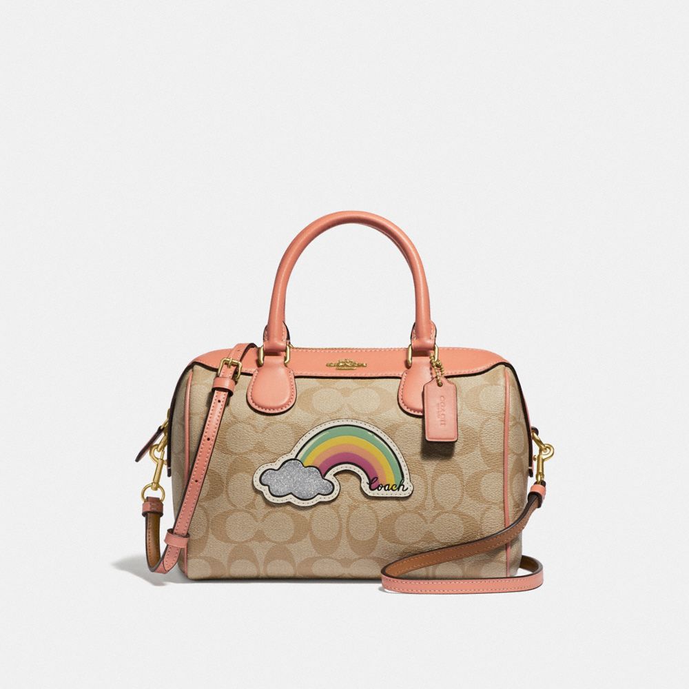 MINI BENNETT SATCHEL IN SIGNATURE CANVAS WITH RAINBOW MOTIF - F73122 - NATURAL LIGHT CORAL/GOLD