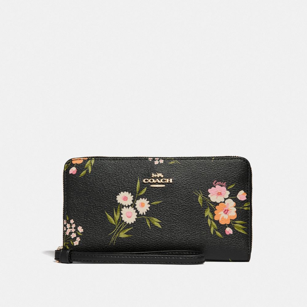 COACH LARGE PHONE WALLET WITH TOSSED DAISY PRINT - BLACK PINK/IMITATION GOLD - F73123