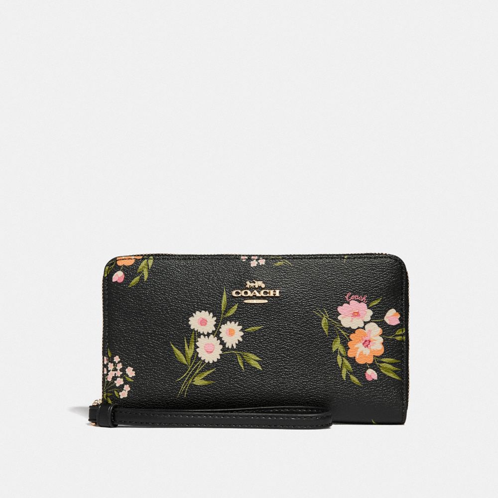 COACH F73123 LARGE PHONE WALLET WITH TOSSED DAISY PRINT BLACK PINK/IMITATION GOLD