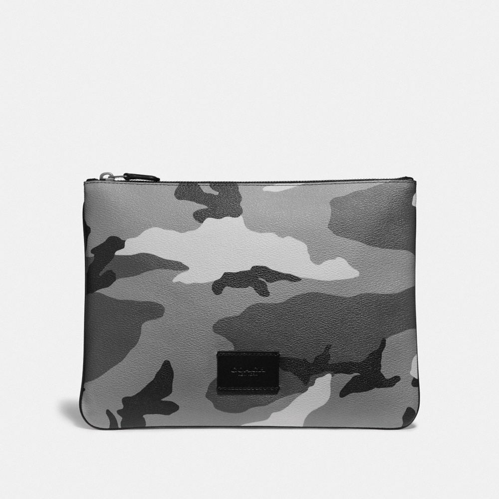 COACH LARGE POUCH WITH CAMO PRINT - BLACK ANTIQUE NICKEL/BLACK MULTI - F73137