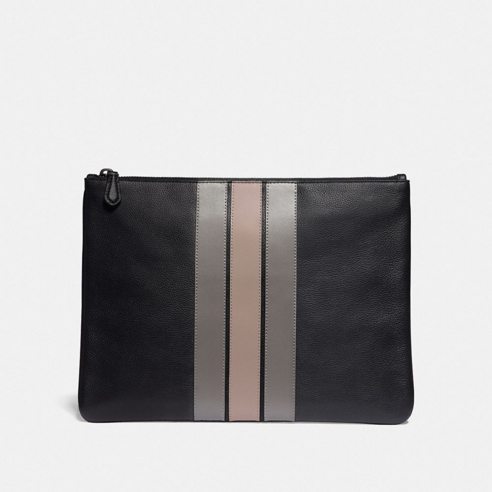 LARGE POUCH WITH VARSITY STRIPE - BLACK ANTIQUE NICKEL/BLACK/ GREY/ CHALK - COACH F73141