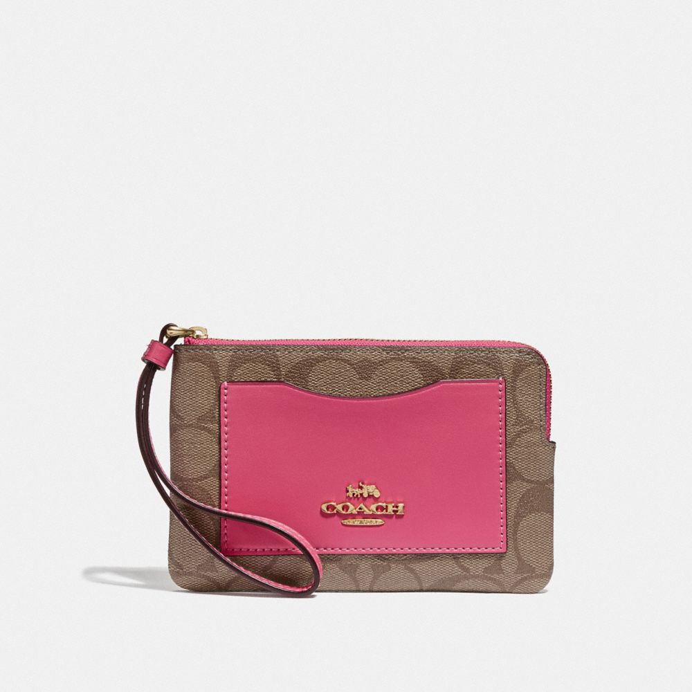 CORNER ZIP WRISTLET IN COLORBLOCK SIGNATURE CANVAS - KHAKI/GOLD - COACH F73142