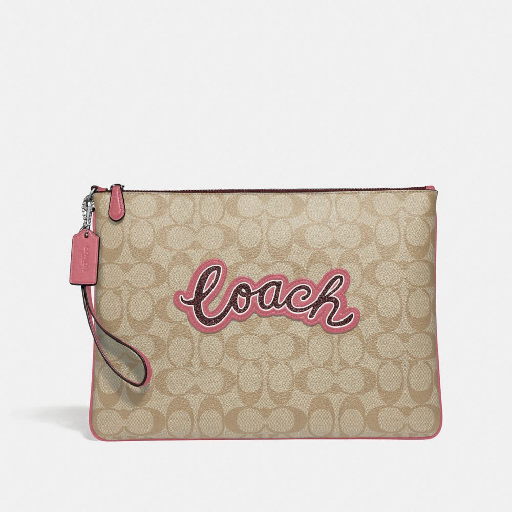 COACH F73153 Large Wristlet 30 In Signature Canvas With Coach Print LIGHT KHAKI MULTI/SILVER