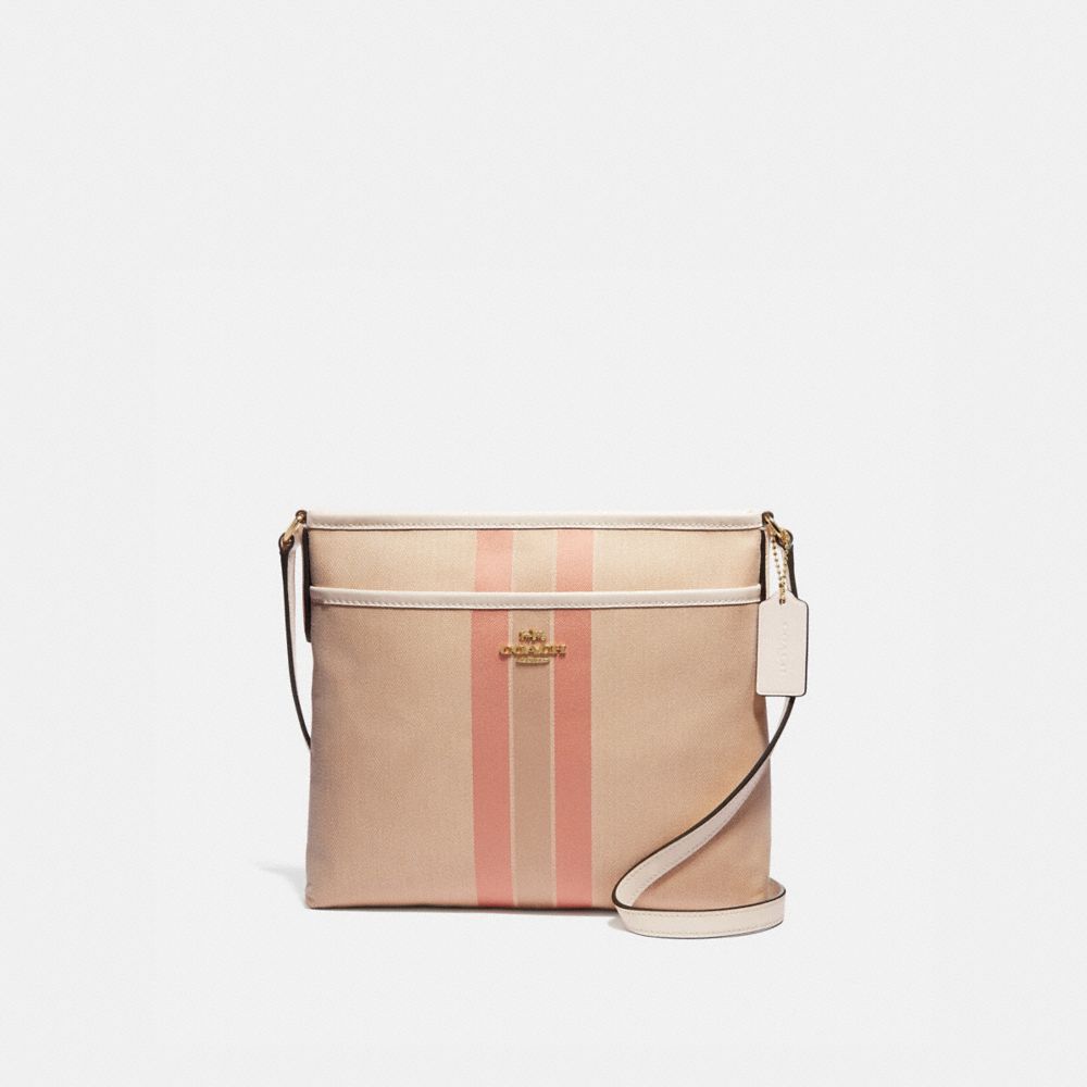 COACH F73157 FILE CROSSBODY IN SIGNATURE JACQUARD WITH VARSITY STRIPE LIGHT-KHAKI/CORAL/GOLD