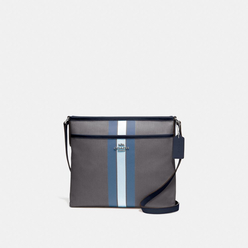 FILE CROSSBODY IN SIGNATURE JACQUARD WITH VARSITY STRIPE - F73157 - MIDNIGHT BLUE/SILVER