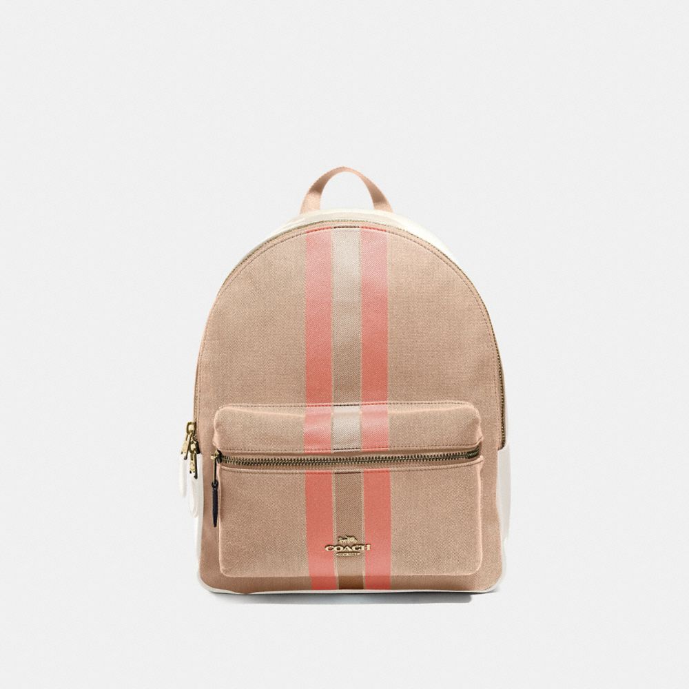 MEDIUM CHARLIE BACKPACK IN SIGNATURE JACQUARD WITH VARSITY STRIPE - LIGHT KHAKI/CORAL/GOLD - COACH F73158