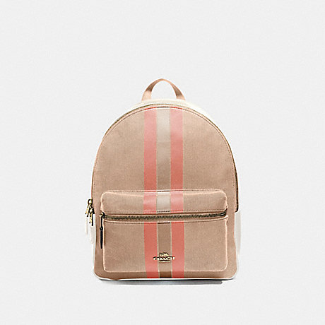 COACH MEDIUM CHARLIE BACKPACK IN SIGNATURE JACQUARD WITH VARSITY STRIPE - LIGHT KHAKI/CORAL/GOLD - F73158