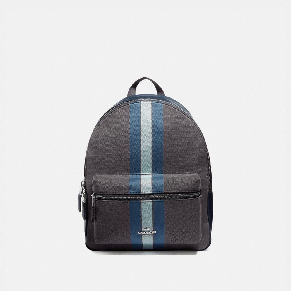 COACH MEDIUM CHARLIE BACKPACK IN SIGNATURE JACQUARD WITH VARSITY STRIPE - MIDNIGHT BLUE/SILVER - F73158