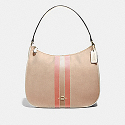 ZIP SHOULDER BAG IN SIGNATURE JACQUARD WITH VARSITY STRIPE - F73159 - LIGHT KHAKI/CORAL/GOLD