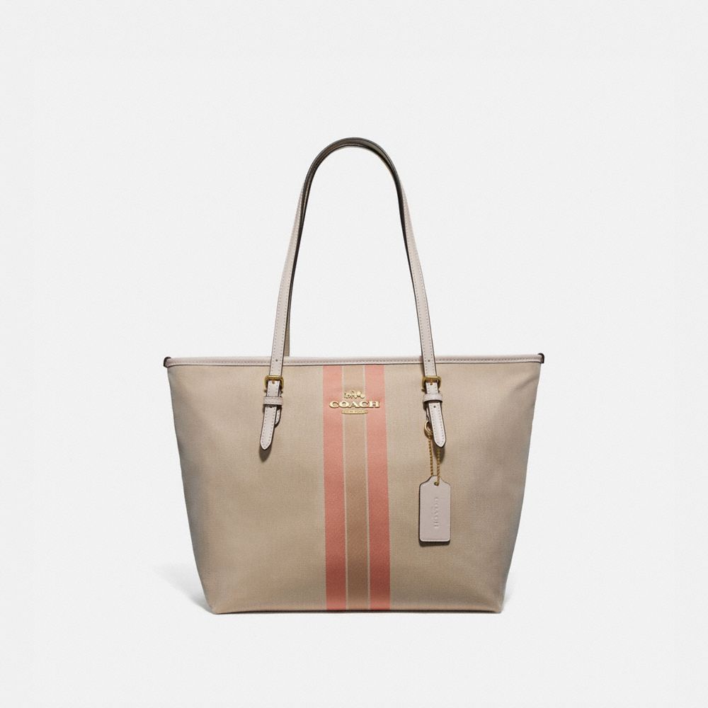 COACH ZIP TOP TOTE IN SIGNATURE JACQUARD WITH VARSITY STRIPE - LIGHT KHAKI/CORAL/GOLD - F73160