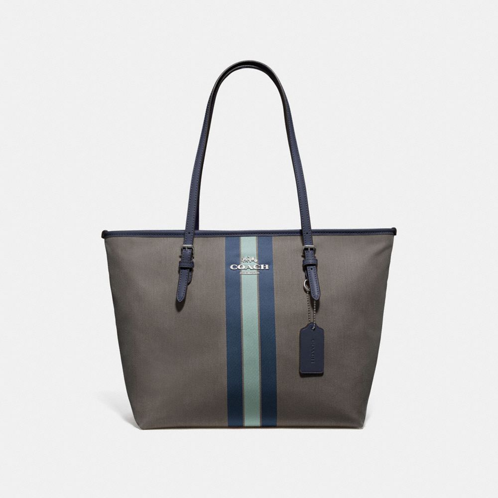 COACH F73160 ZIP TOP TOTE IN SIGNATURE JACQUARD WITH VARSITY STRIPE MIDNIGHT BLUE/SILVER