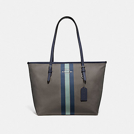 COACH F73160 ZIP TOP TOTE IN SIGNATURE JACQUARD WITH VARSITY STRIPE MIDNIGHT-BLUE/SILVER