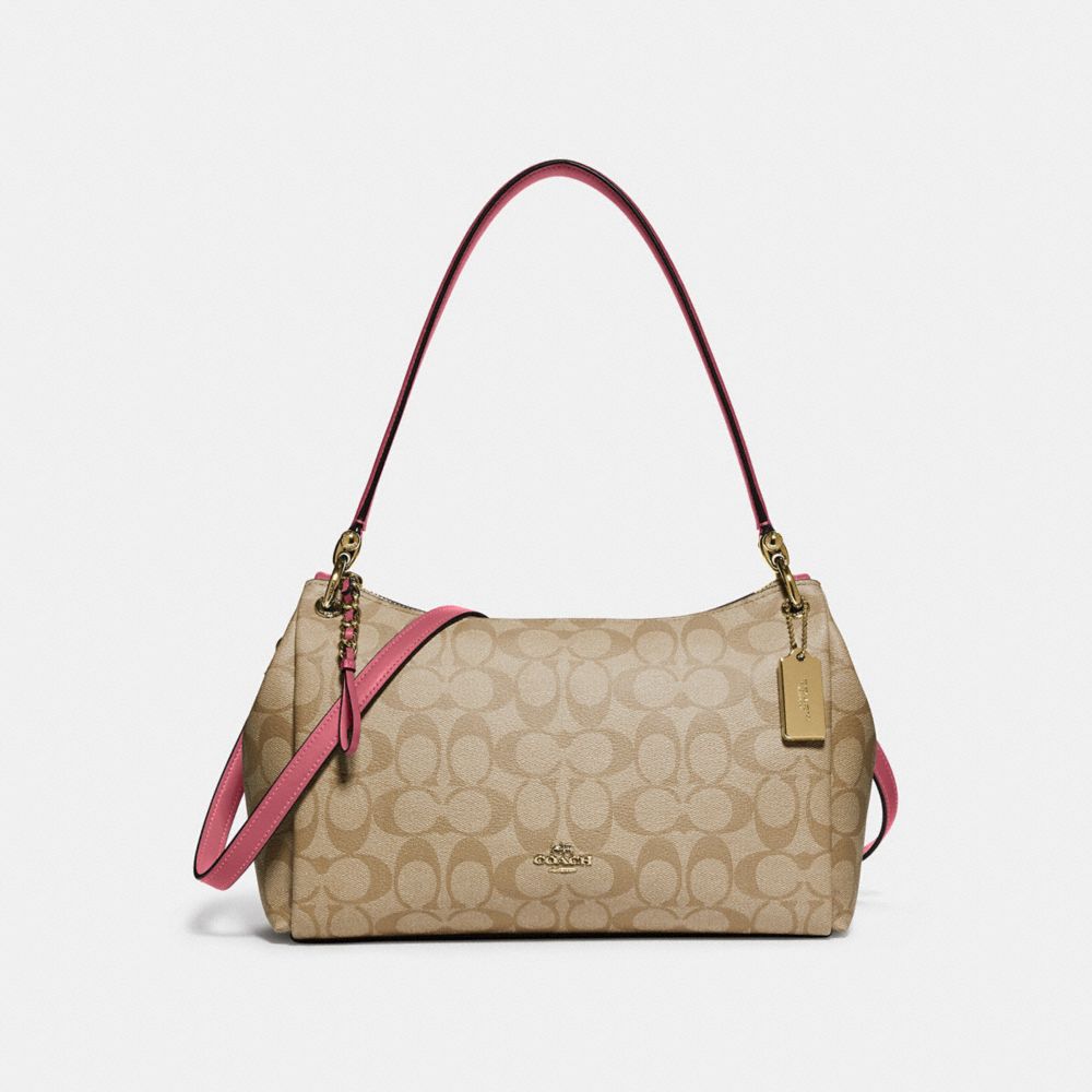 SMALL MIA SHOULDER BAG IN SIGNATURE CANVAS - F73177 - LIGHT KHAKI/ROUGE/GOLD