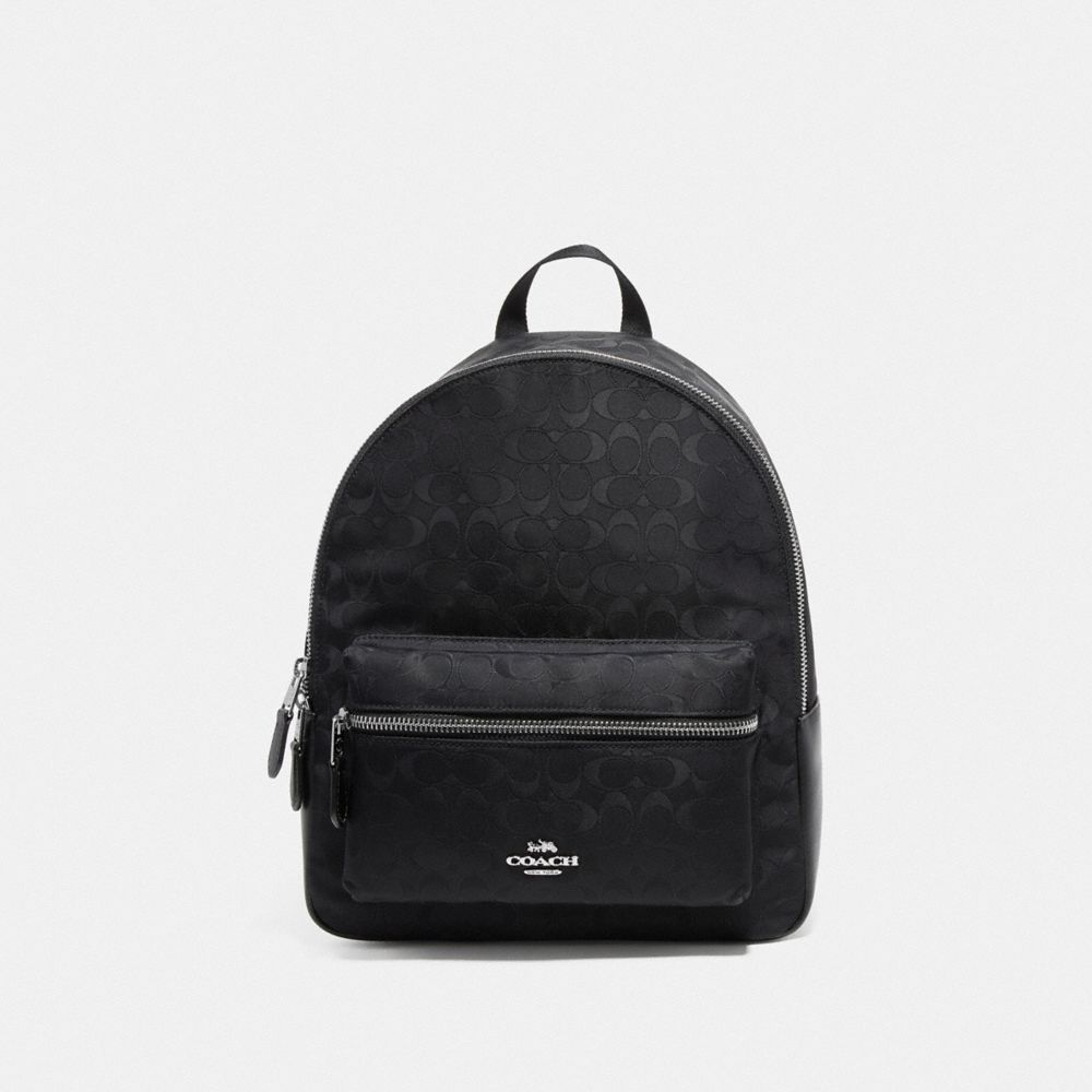 COACH F73186 Medium Charlie Backpack In Signature Nylon BLACK/SILVER