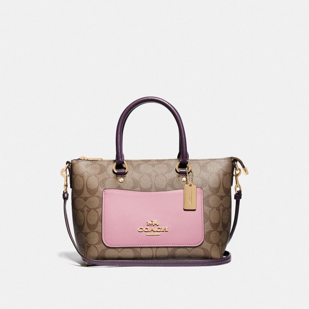 COACH F73220 MINI EMMA SATCHEL IN COLORBLOCK SIGNATURE CANVAS TULIP/KHAKI/GOLD