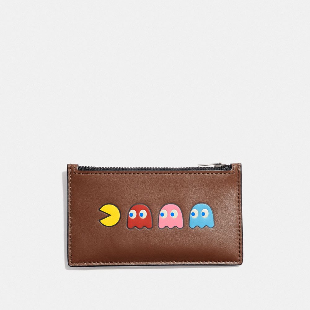 ZIP CARD CASE WITH PAC-MAN MOTIF - F73222 - SADDLE/BLACK ANTIQUE NICKEL