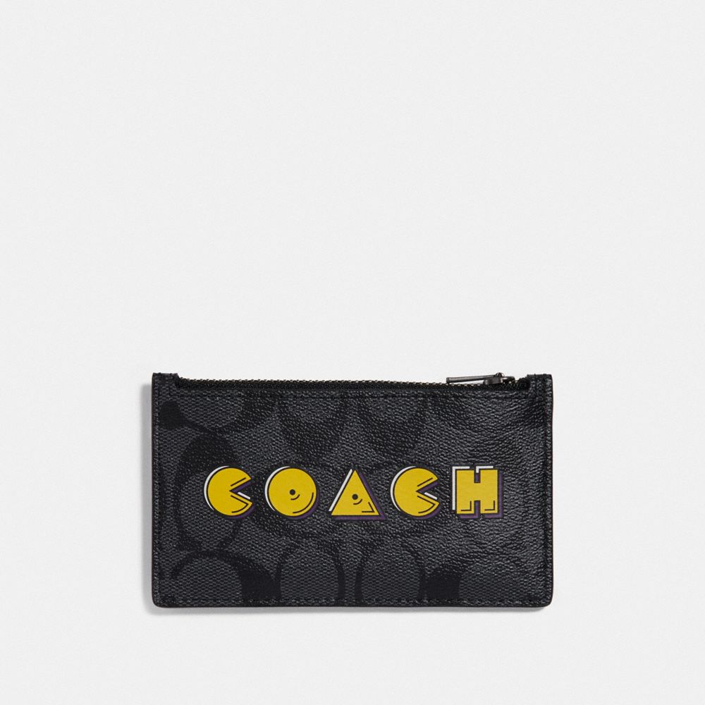 ZIP CARD CASE IN SIGNATURE CANVAS WITH PAC-MAN COACH SCRIPT - F73225 - CHARCOAL/BLACK/BLACK ANTIQUE NICKEL