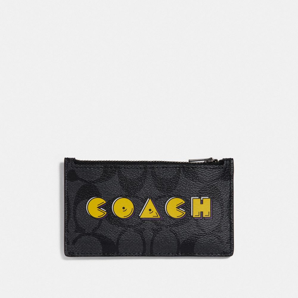 COACH F73225 ZIP CARD CASE IN SIGNATURE CANVAS WITH PAC-MAN COACH SCRIPT CHARCOAL/BLACK/BLACK-ANTIQUE-NICKEL